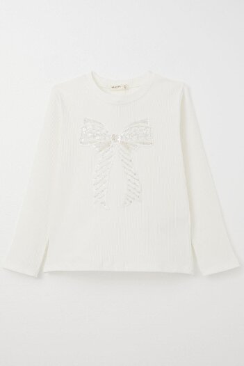 Breeze Sequin T-Shirt for Girls Ages 9-14 - Long Sleeve, Tulle Bow, Ecru