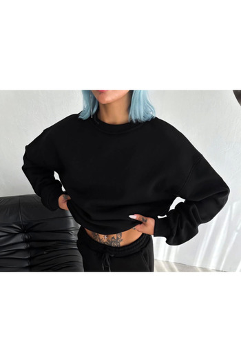 Giyimodam    Winter Crew Neck Three Thread Basic Sweatshirt - Black