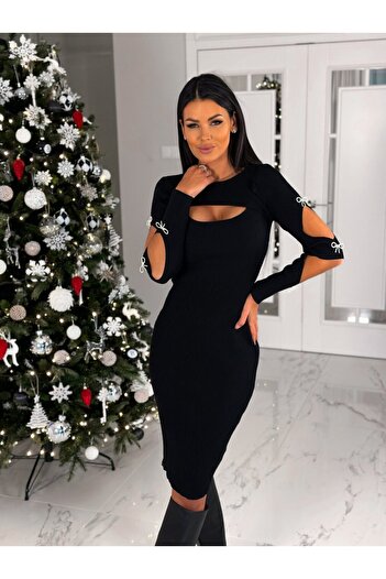 buğrahayalin Women's dress with low-cut detail, scuba diver fabric, stone accessory