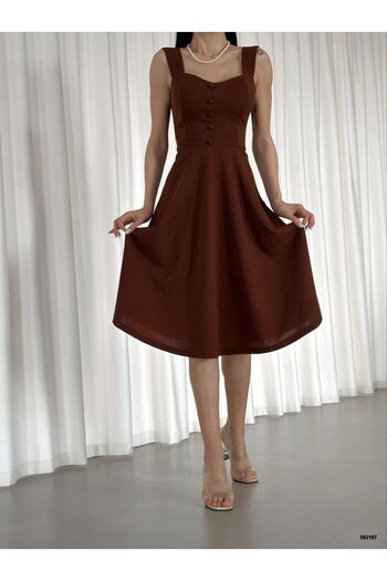 buğrahayalin Women's Crepe Fabric Strap Heart Collar Button Detail Midi Length Dress