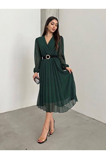 buğrahayalin Women's chiffon fabric lined flared cut double breasted collar midi length dress