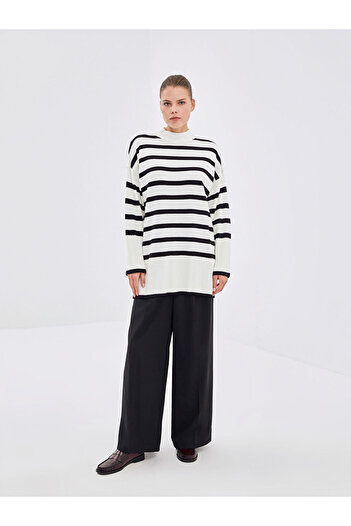 LC Waikiki Black Crew Neck Striped Women's Knitwear Tunic