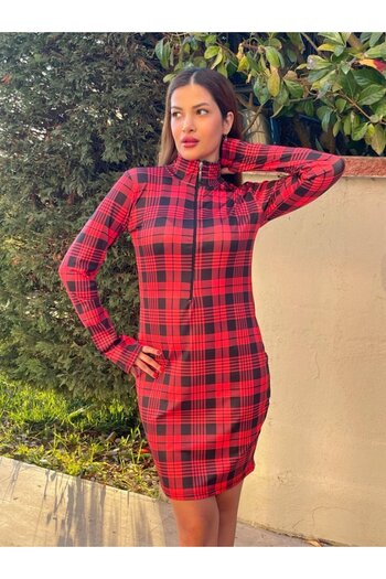 etol textile Edolika Women's Long Sleeve Zippered Plaid Printed Diving Dress