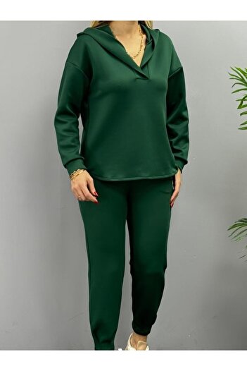 Butik Melenza Γυναικείο Σετ Φούτερ με μακρυμάνικο λαιμόκοψη σε σχήμα V με λεπτομέρεια κουκούλας και αθλητική φόρμα με ψηλή μέση