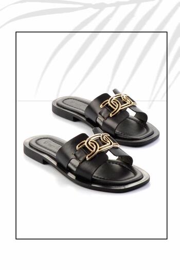 Bambi Black Genuine Leather Women's Slippers K04826053103