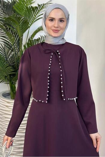 TRENDTESETTÜR Plum Color Women's Pearl Detailed Dress Set - t 6416