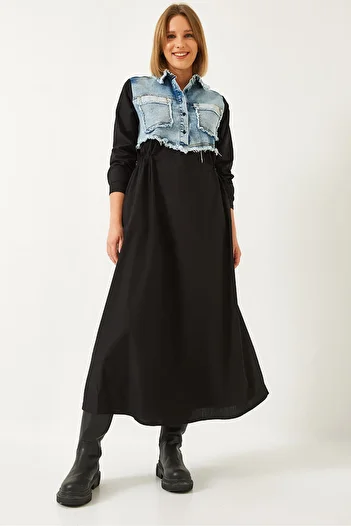 Bianco Lucci Rochie lungă evazată cu garnitură din denim pentru femei 60351248