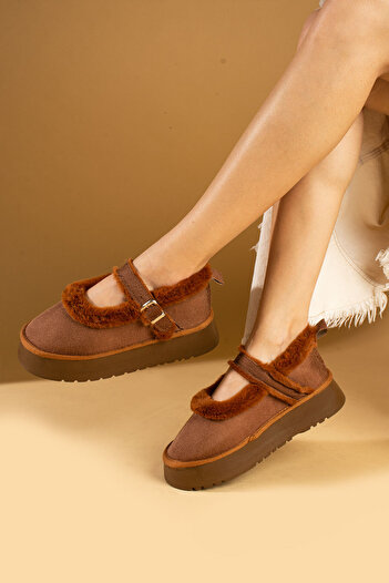 Pembe Potin Women's Tan Nubuck Ballerina Model with Hairy Inside Flat Thick Comfortable Sole Women's Shoes