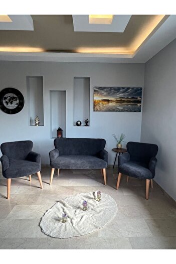 Azra Mobilya Azra Aksesuar Çay Seti Oturma Grubu, Puffy Kumaş Koltuk Takımı, Ahşap Ayak, Balkon Bahçe Mobilyası