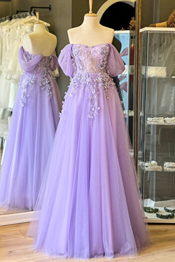 Lenta Moda Lila 3 Boyutlu Dantel Detaylı Maxi Boy Abiye Ve Nişan Elbisesi