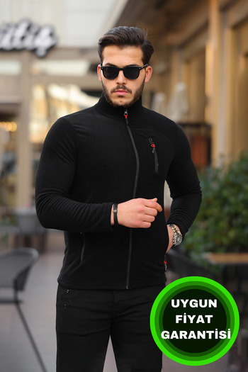 Kozik Ανδρικό Μαύρο Fleece Χειμερινό Χοντρό Πλήρες Φερμουάρ Βαμβακερό ύφασμα Fleece Jacket