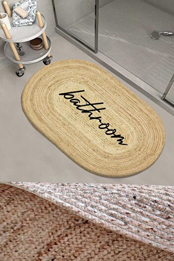 Else Dekor Bath Written Patterned Rope Wicker Jute Knit Oval Bathroom Rug Toilet Shower Mat