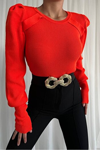 bayansepeti Orange Knitwear Fabric Princess Sleeve Detail Basic Sweater 0227
