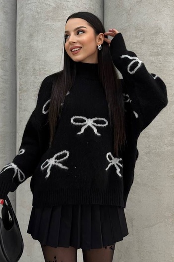 Ded COLLECTION Women's Ribbon Patterned Turtleneck Soft Textured Knitwear Sweater