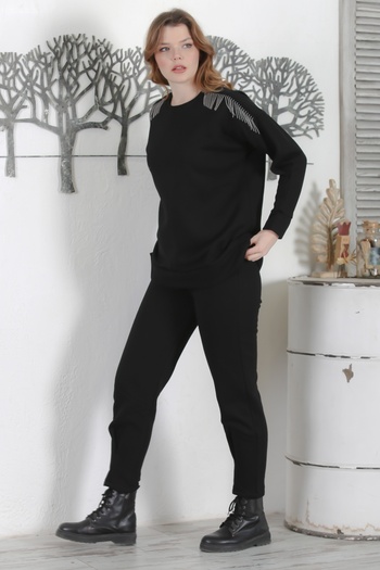 Chiccy Casual Knitted Set - Black Turtleneck, Cuffed Sleeves, Chain Tufted Pleated Bottom Top Set 70-97 59-53