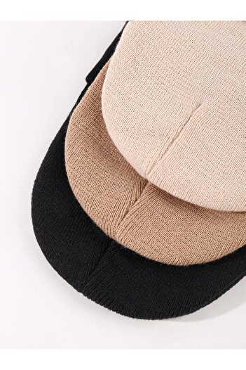 Eke Tekstil Unisex Katlamalı Siyah,açık Vizon,taş 3'lü Bere Seti