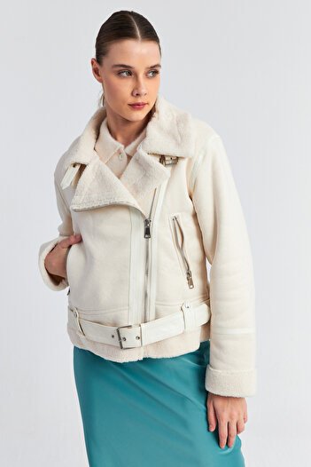 Ecrou Women's Stone Fur Zippered Faux Leather Crop Coat with Six Belts