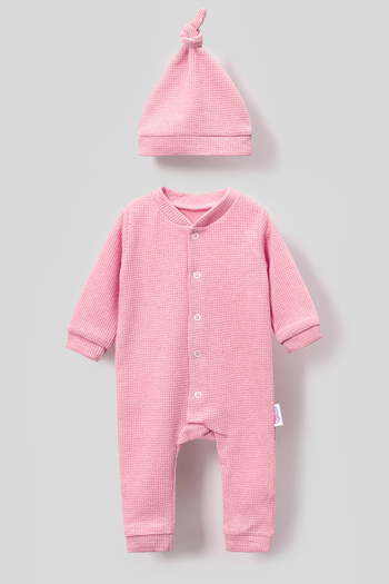 Bubito Pink Baby Romper with Waffle Print and Hat