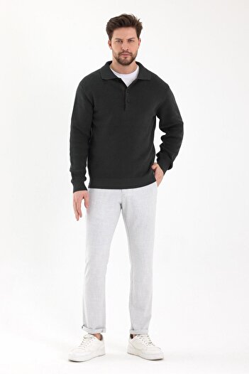 odelon Men's Regular Fit Cotton Polo Neck Buttoned Khaki Knitwear Sweater