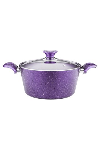 Arzu Çelik Purple Elegans Granite Pot - 24 Cm, Glass Lid