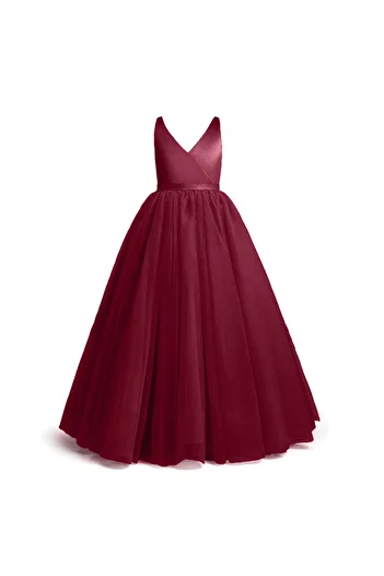 HSNLİFE Girl Child Burgundy Anveleop Dress Birthday Graduation Party Prom Dress