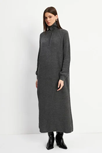 Yefrastore Women's Anthracite Half Zip Long Soft Knitwear Dress