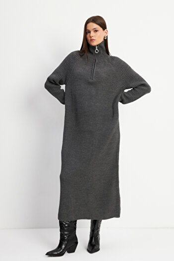 Yefrastore Women's Anthracite Half Zip Long Soft Knitwear Dress