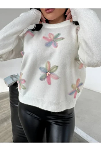 sportiness Floral Patterned Soft Knitwear Sweater