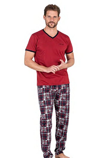 Pierre Cardin 6046 Men's Short Sleeve Combed Cotton Pajama Set-Burgundy