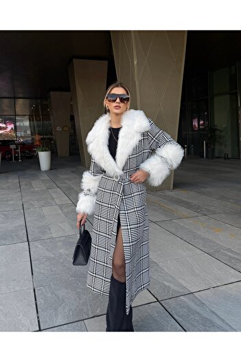 1Moda1Tarz Γυναικείο υφασμάτινο καρό μοτίβο πέτρινη γούνα Λεπτομέρεια Ζωντανή επένδυση Ειδικού Σχεδιασμού Παλτό