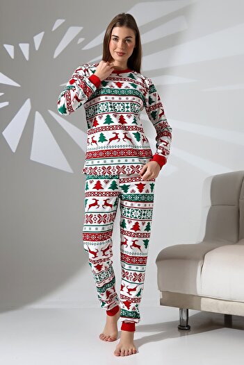 Genel Markalar Bisiklet Yaka Kırmızı Geyikli Noel Yılbaşı Çam Ağaclı Kadın Pijama Takımı Vg069 Yok Homewear Tüm Se