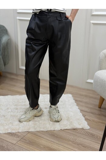 Flow Leg and Belt Button Detail Leather Trousers