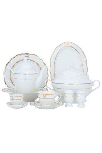 Alsaif Gallery White and gold embossed circular porcelain dining set, 65 pieces