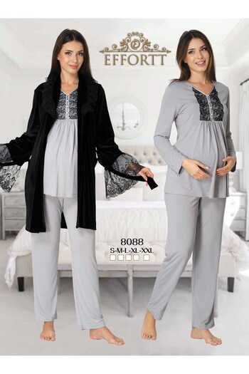 Effortt Maison Mila Maternity Pajama Set with Velvet Dressing Gown and Lace Detail