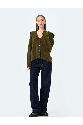 Koton Hooded V Neck Buttoned Long Sleeve Cardigan