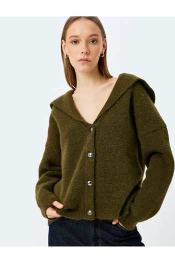 Koton Hooded V Neck Buttoned Long Sleeve Cardigan