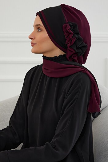 Aisha's Design Σχεδιασμός διπλού χρώματος έτοιμο τουρμπάν από σιφόν, HT-86, Μούρνι - Μαύρο