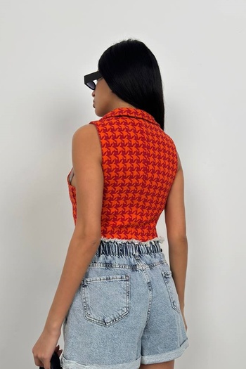 bayansepeti Orange Houndstooth Patterned Button Detailed Shirt Collar Crop Vest 23s12002