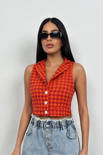 bayansepeti Orange Houndstooth Patterned Button Detailed Shirt Collar Crop Vest 23s12002