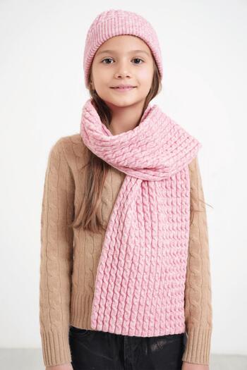 CHUBA Pink Soft Button Knitwear Hair Knit and Beanie Set for Kids Ages 7-9 and 10-12 - Chkıds103