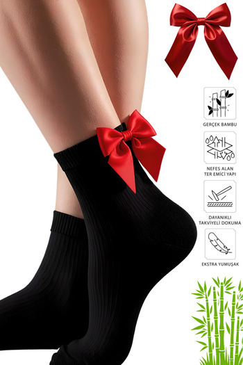 MySire Bamboo Black Socks with Red Bow - Seamless Toe, Soft White Women's Socks