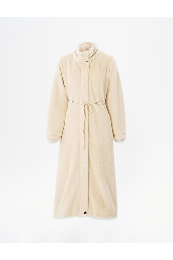 Kayra Camel Colored Waist Drawstring Stand Collar Coat