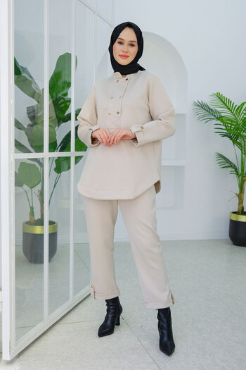 LOCCO Women's Button Detailed Oval Cut Double Suit Cream