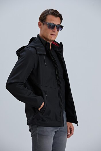 PIQUE Erkek Siyah Mont Kapüşonlu Erkek Softshell Mont