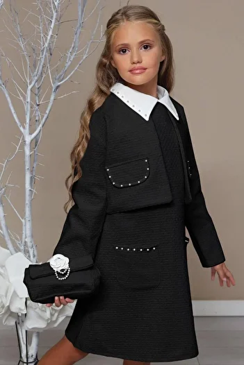 Riccotarz Girls Blazer Jacketed Bebe Collar Zero Sleeve Knitwear Black Dress
