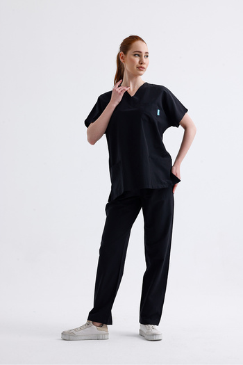 Snow Form Medical Apparel Scrub-uri unisex din lycra neagră - Costum pentru asistentă și medic cu mâneci liliac