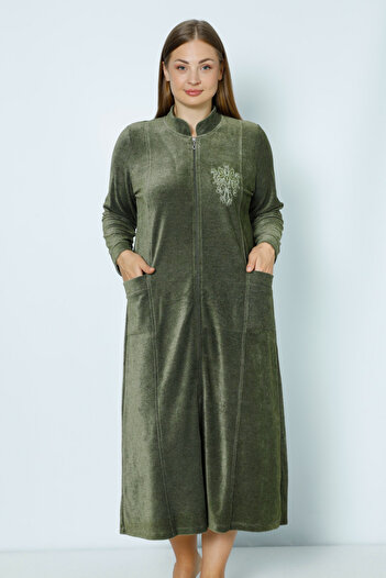 İntensive Khaki Long Sleeve Zipper Embroidery Women's Plus Size Cotton Velvet Dress