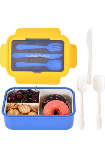 COOYA 1400ml 3-compartment Bento Box,with Cutlery,Easy to Carry,Removable Inner Liner,8.2 x5.4 x 2.3 in