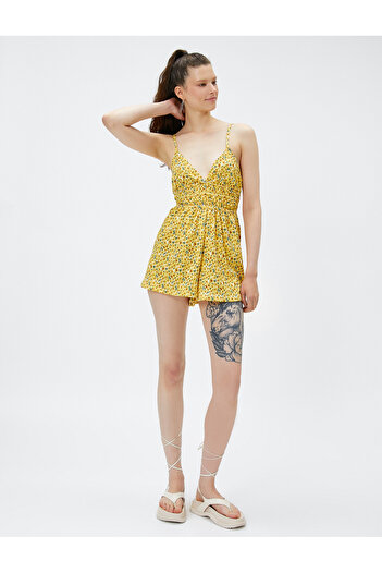 Koton Floral Shorts Jumpsuit Thin Straps V-Neck