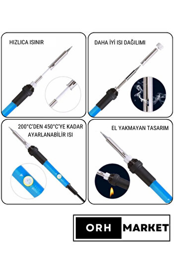 ORH Market 60w Kalem Havya Seti – Metal Stand 5 Uçlu, Seramik Rezistörlü Lehimleme Takımı